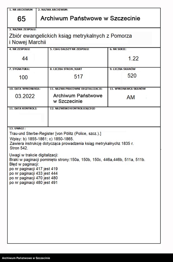 image.from.unit.number "Trau-und Sterbe-Register [von Pölitz (Police, szcz.).]"