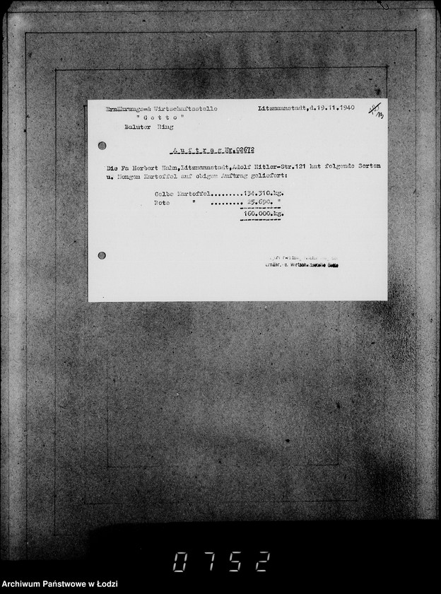 Obraz 17 z jednostki "[Zlecenia na dostawę dla ludności Getta artykułów spożywczych- ziemniaki, chleb, mąka, mięso- oraz zwrot opakowań]"