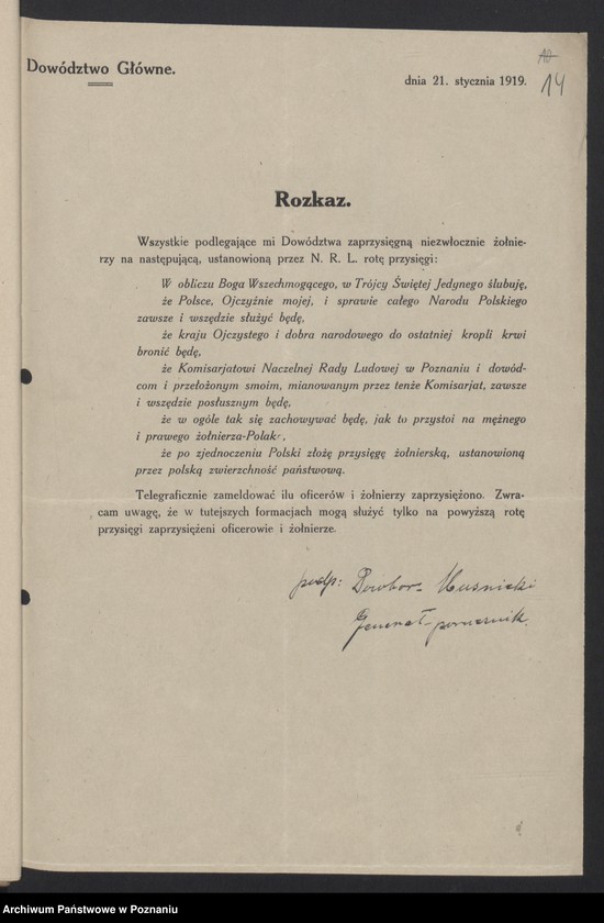 Obraz 16 z jednostki "/Rozkazy dzienne Dowództwa Głównego Sił Zbrojnych w byłym zaborze pruskim/, do nr 100."