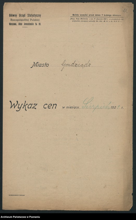 Obraz 20 z jednostki "[Wykazy cen rynkowych na artykuły spożywcze w poszczególnych miastach Województwa Pomorskiego za miesiąc sierpień 1921 roku]"