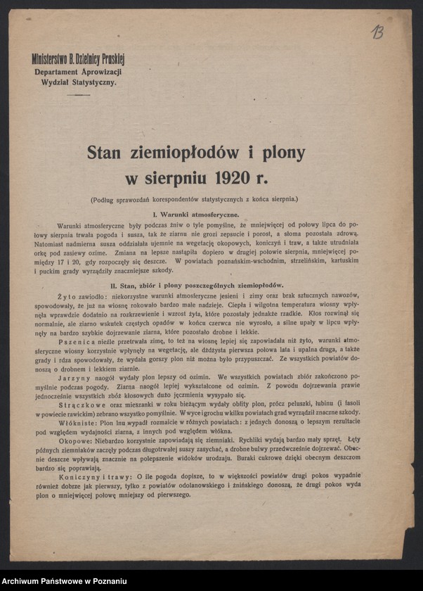 Obraz 12 z jednostki "[Wyniki oszacowania plonów roślin kłosowych, okopowych i strączkowych w Księstwie Poznańskim w 1919 roku], stan ziemiopłodów i plony w 1920 roku"