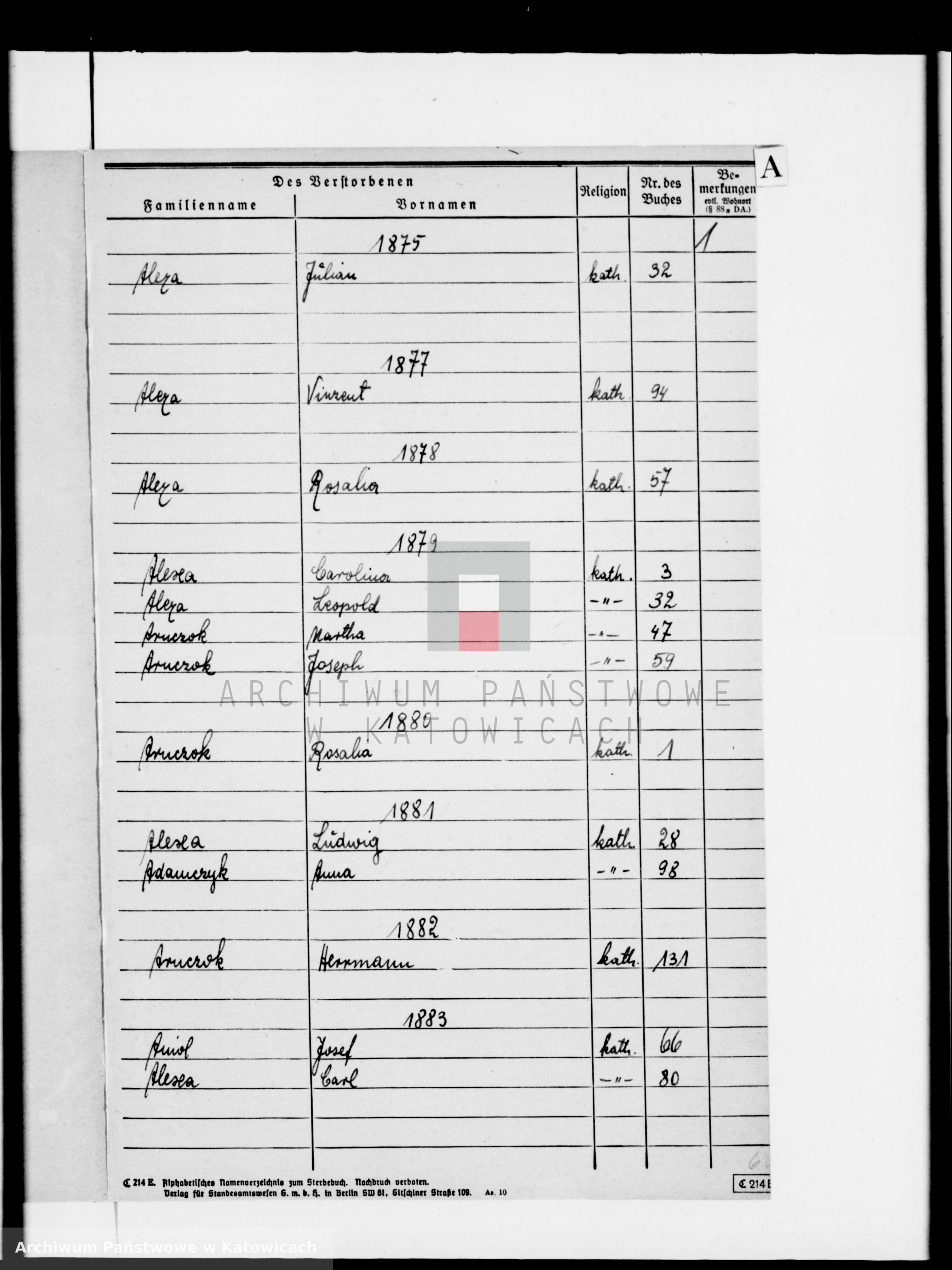 Skan z jednostki: Skorowidz do ksiąg zgonów za lata 1874-1890