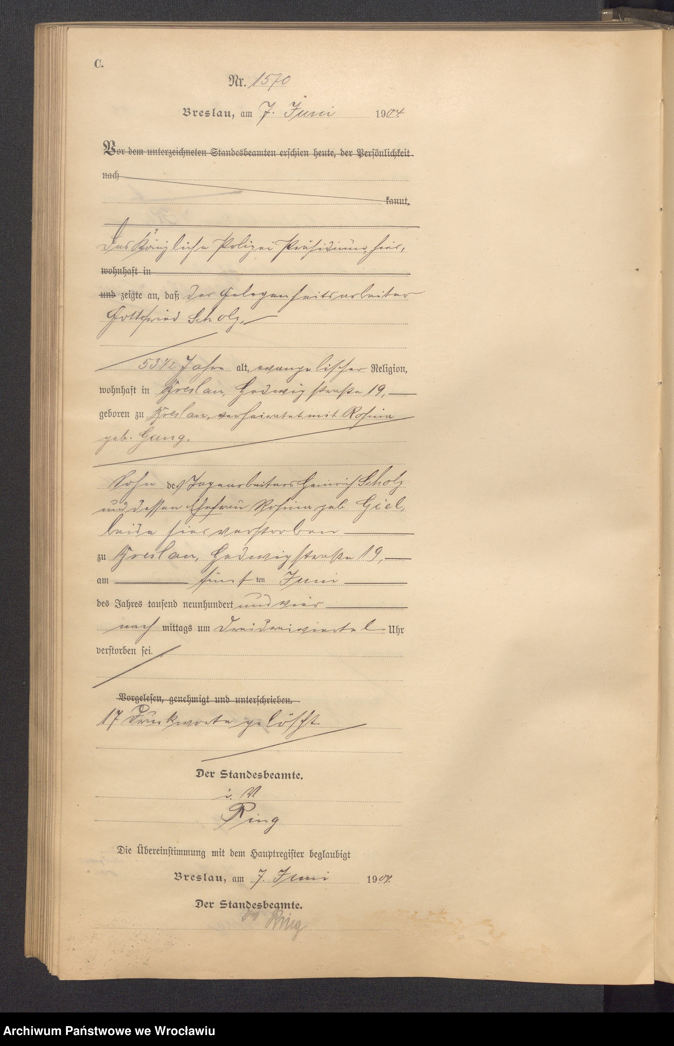 Skan z jednostki: Sterbe Neben Register Standesamt Breslau III 1904 Band 4