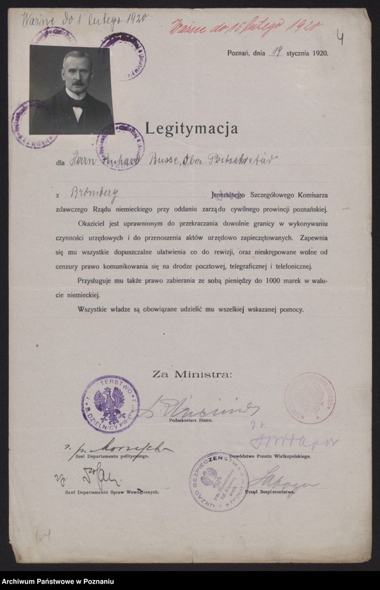 Obraz 6 z jednostki "[Egzemplarz legitymacji wydanych przez polskie władze komisarzom niemieckim dla oddania zarządu cywilnego prowincji poznańskiej]"
