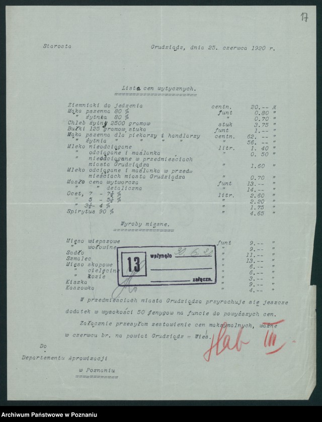 Obraz 18 z jednostki "[Wykazy cen maksymalnych artykułów spożywczych w poszczególnych miastach Województwa Pomorskiego za miesiące czerwiec i lipiec 1920 roku]"