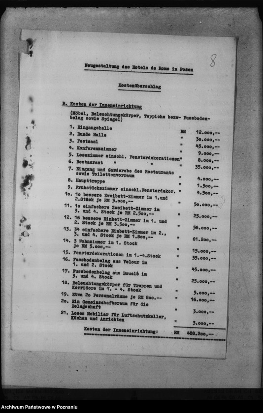 Obraz 12 z jednostki "Umbauten des Hotels de Rome in Posen, des Deutschen Schlosses, des Erholungsheimes der Reichsstatthalterei in Strohfelde, der Gauhalle und des Gauhotels"