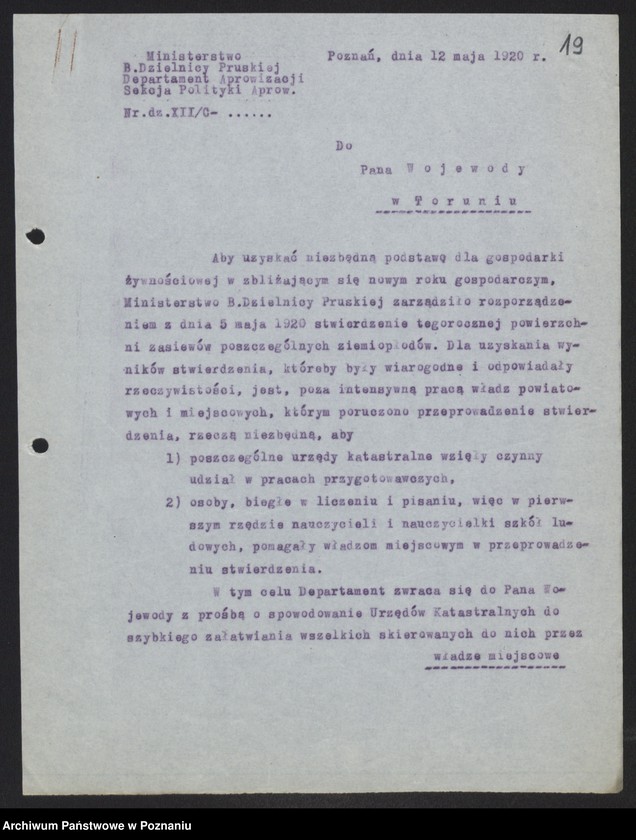 Obraz 19 z jednostki "[Rozporządzenia, pisma okólne i korespondencja w sprawie ewidencji zapasów zboża i statystyki zasiewów]"