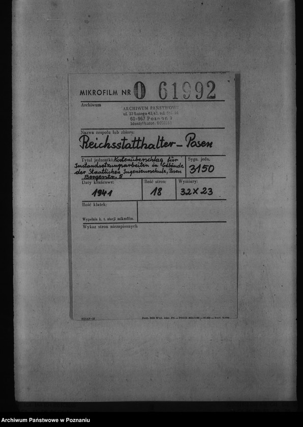 Obraz 2 z jednostki "Kostenüberschlag für Instandsetzungsarbeiten im Gebäude der Staatlichen Ingenieurschule, Posen, Bergerstr. 5."