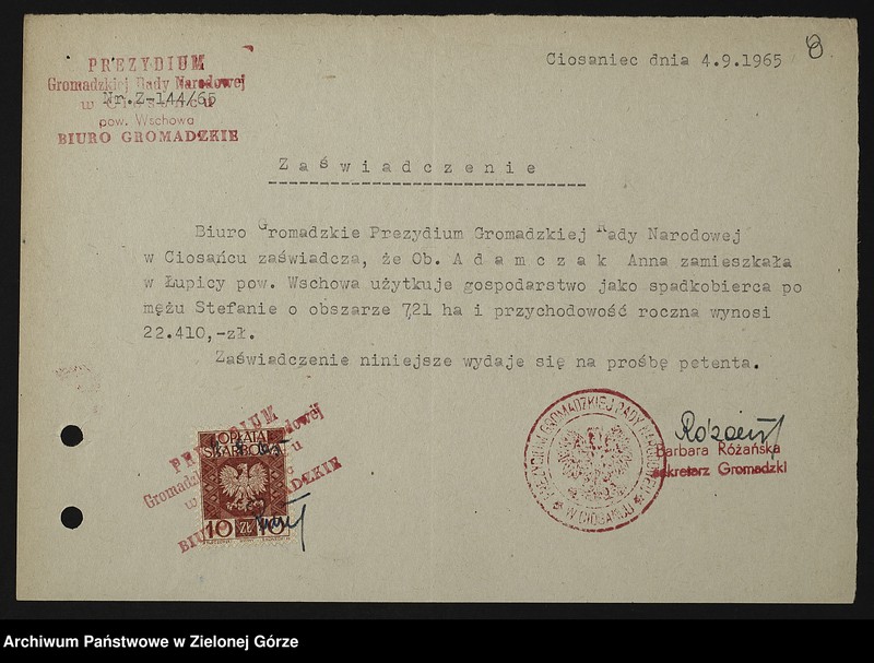 Obraz 20 z jednostki "Zaświadczenia Zarządu Okręgu ZBoWiD dotyczące osadnictwa wojskowego (układ alfabetyczny: A do G)"