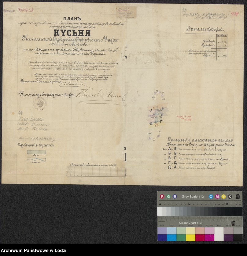 Obraz 1 z jednostki "План луга поступившаго по дополнительному наделу в соственность крестьянина селения Кусьня ... Гмины Барчев а переходящаго на основании добровольной сделки в собственность владельца имения Кусьня"