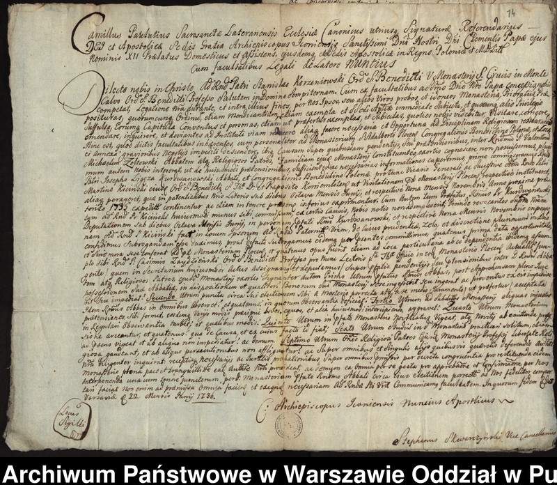 image.from.unit.number "Dekrety i kopie dekretów sądu nuncjatury i kurii rzymskiej oraz kopie umów z lat 1732-1737 dotyczące sporu między opatem Walentym Michałem Żółtowskim a konwentem o podział dóbr i nominację urzędników klasztornych"