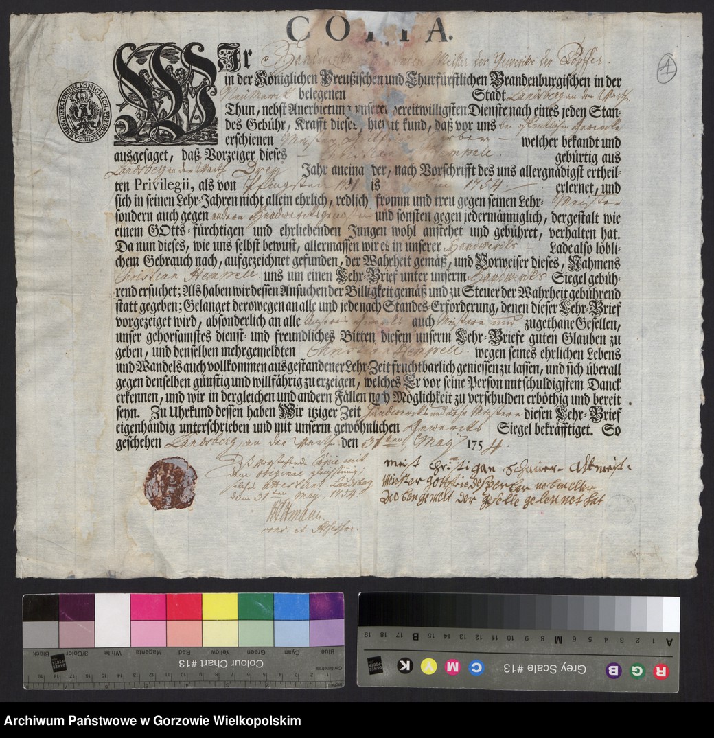 image.from.unit.number "[Lehrbrief für den Töpfergesellen Christian Hempell aus Landsberg an der Warthe. Copia. Landsberg an der Warthe den 31 May 1754]"