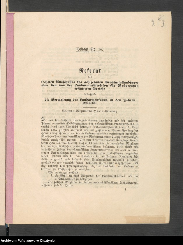 image.from.unit.number "Acta des 18ten Provinzial-Landtages der Stände des Königreichs Preußen. betreffend den Westpreussischen Landarmen Fonds in den 1864-1866"