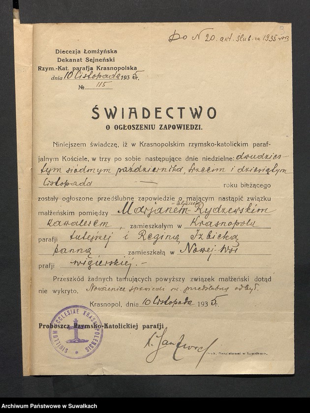 image.from.unit.number "Aneksa Aktów Ślubnych Rz-Katolickiej par. Wigierskiej za 1935 rok"