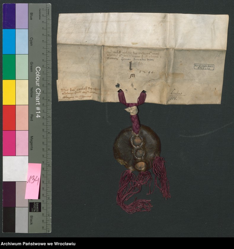 Obraz z jednostki "Bolesław I, książę opolski, nadaje włodarzowi Gierkowi folwark Wronin (Wronow), w dystrykcie opolskim i Tomice (Thomyczy) w dystrykcie głogóweckim."