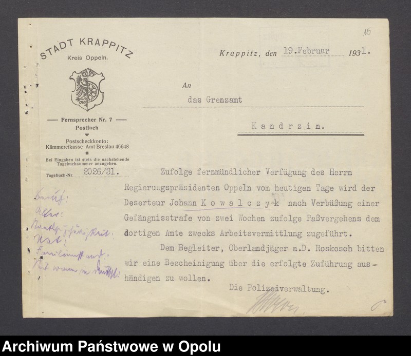 Obraz 15 z jednostki "[Zezwolenie na pobyt - dezerter Johann Kowalczyk, ur. 4. 08. 1908 w Oświęcimiu]"