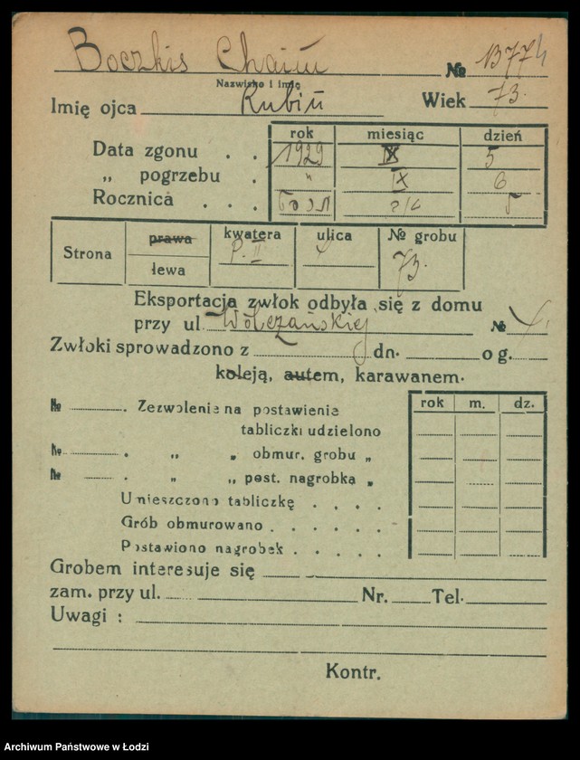 Obraz 6 z jednostki "Kartoteka osób pochowanych na cmentarzu żydowskim przy ulicy Brackiej w latach 1892-1956. Nazwiska na litery: Bock-Bö"