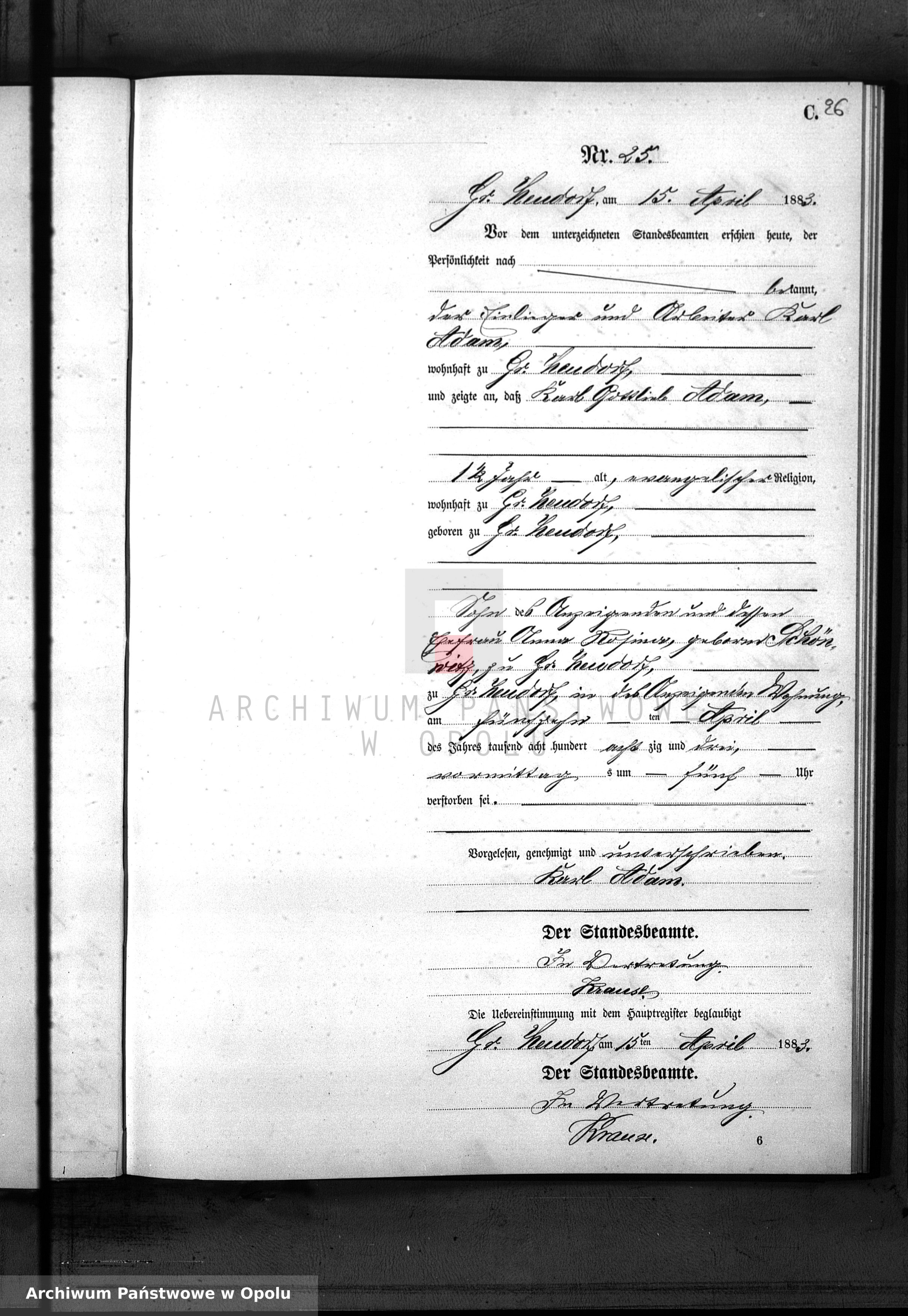 Skan z jednostki: Sterbe-Neben-Register Standes-Amt Gross Neudorf 1883
