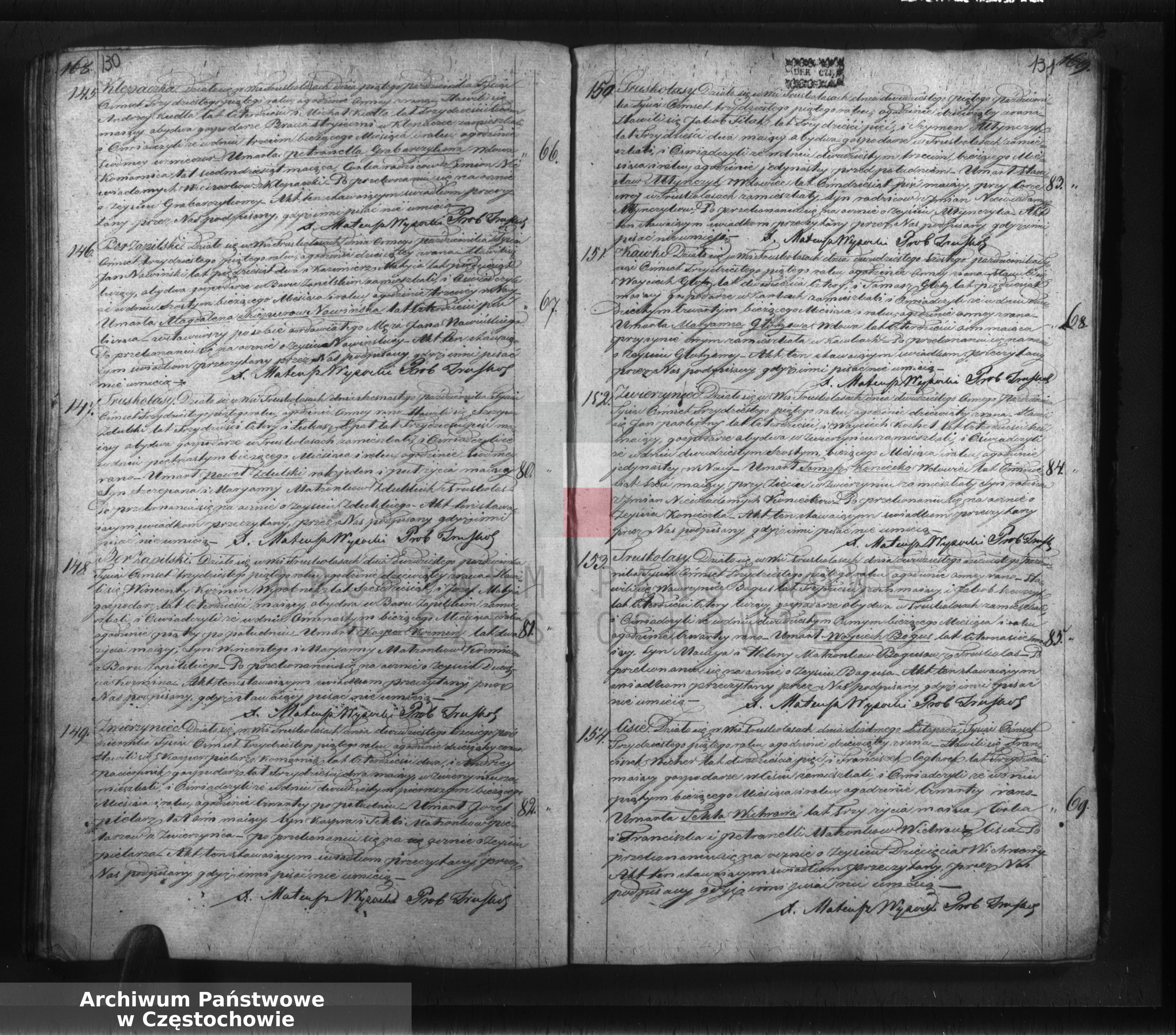 Skan z jednostki: Księga duplikat zwana mieszcząca w sobie akta cywilno - religijne urodzonych, zaślubionych i zmarłych dla Parafii Truskolasy z 1835 roku