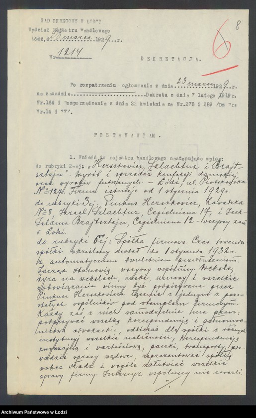 Obraz 10 z jednostki "Herszkowicz, Brajtsztajn i Szlachtuz- wyrób i sprzedaż konfekcji damskiej i wyrobów futrzanych"