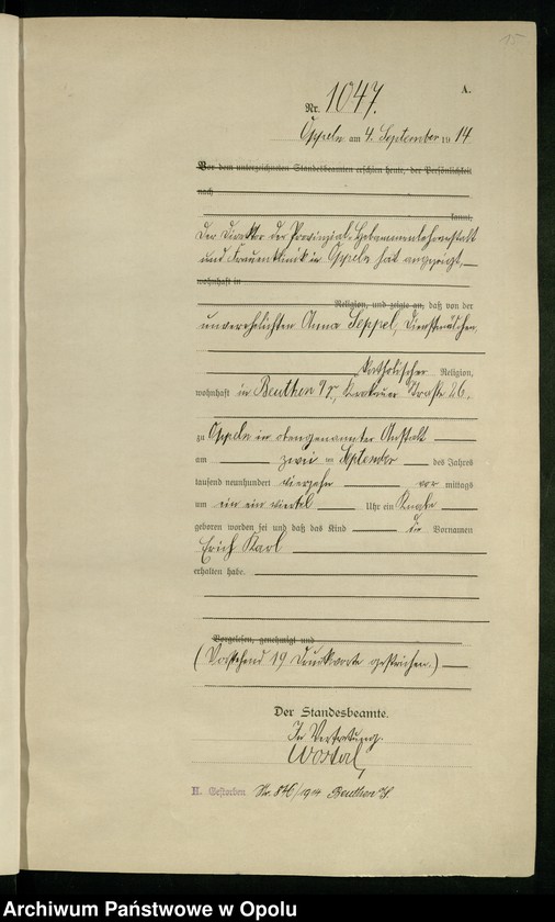 Obraz 19 z jednostki "Urząd Stanu Cywilnego Opole Księga Urodzeń Rok 1914 1034-1493"