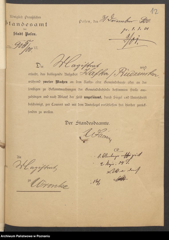 Obraz 14 z jednostki "Die von den Verlobten beigebrachten Urkunden zur Eheschliessung pro 1901. Vol II"