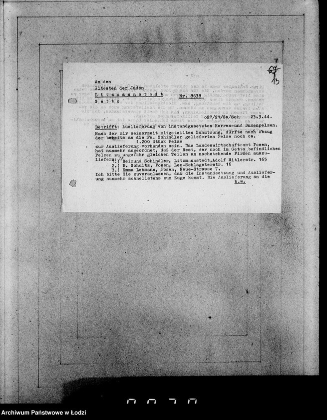 Obraz 17 z jednostki "Oberbürgermeister Litzmannstadt [Korespondencja i zamówienia na dostawę futer i materiałów]"