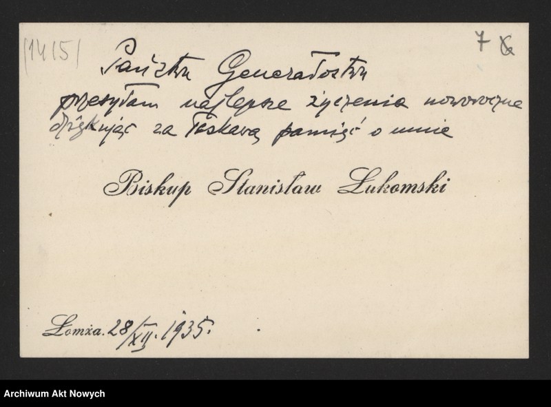 image.from.unit.number "Łukomski Stanisław, biskup łomżyński. Podziękowania za książkę i życzenia."
