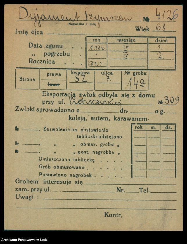 Obraz 7 z jednostki "Kartoteka osób pochowanych na cmentarzu żydowskim przy ulicy Brackiej w latach 1892-1953. Nazwiska na litery: Dy-Dz"