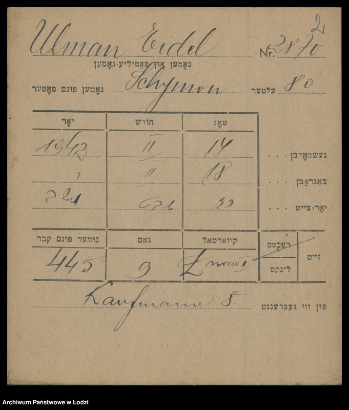 Obraz 3 z jednostki "Kartoteka osób pochowanych na cmentarzu żydowskim przy ulicy Brackiej w latach 1892-1944. Nazwiska na literę U"