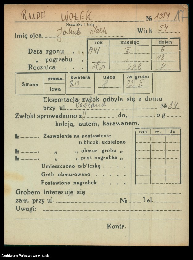 Obraz 18 z jednostki "Kartoteka osób pochowanych na cmentarzu żydowskim przy ulicy Brackiej w latach 1892-1956. Nazwiska na litery: Rubl-Rz"
