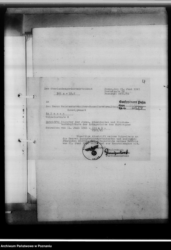 Obraz 8 z jednostki "Einziehung von Zweitbüchern. Schriftwechsel mit dem O.L.G und andere [korespondencja z władzami sądowymi w Poznaniu, spis sądów w okręgu poznańskim od 1941 roku]"