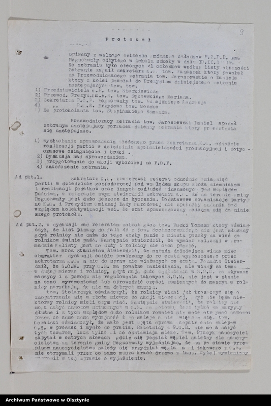 image.from.unit.number "Protokoły zebrań wyborczych i walnych zebrań członków /1951/, posiedzeń plenarnych ,egzekutywy, narad aktywu partyjnego, sprawozdania, ankiety sprawozdawcze /1949-1954/ Komitetu Gminnego PZPR"