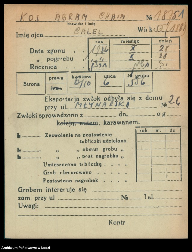 Obraz 2 z jednostki "Kartoteka osób pochowanych na cmentarzu żydowskim przy ulicy Brackiej w latach 1892-1959. Nazwiska na litery: Kos-Kra"