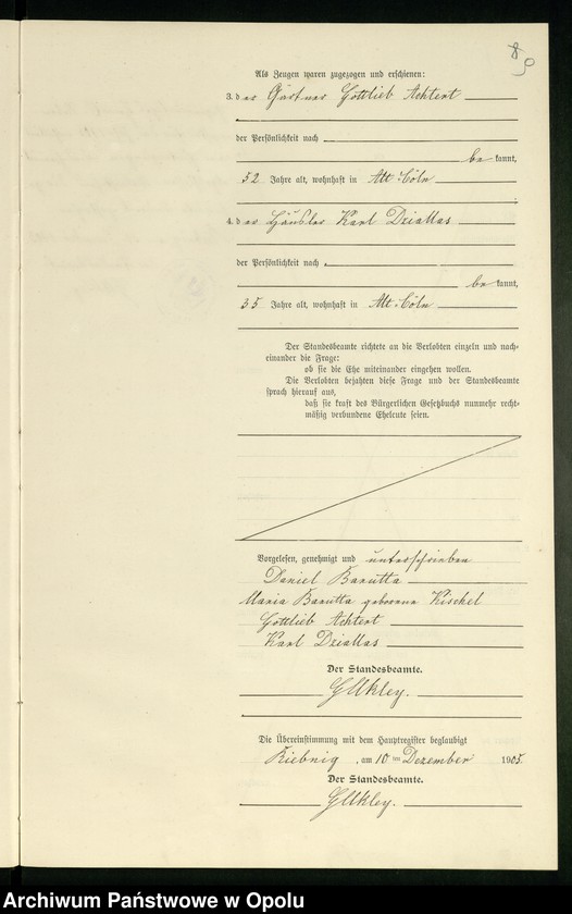 Obraz 12 z jednostki "Heiraths-Neben-Register Standes-Amt Riebnig 1905"