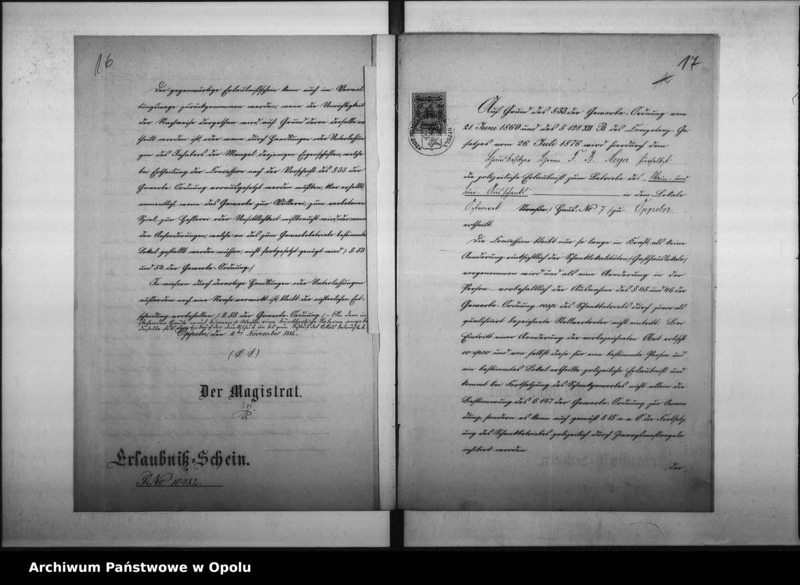 Obraz 17 z jednostki "Acta des Magistrats zu Oppeln betreffend den Wein - Bier - Ausschank im Hause No 7 Ostrowek durch F.B. Meyer Vol. I"