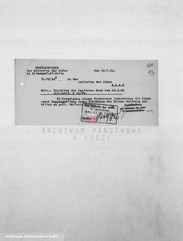 Obraz 16 z jednostki "Banken [Korespondencja PSŻ z GV i bankami niemieckimi w sprawie przekazów pieniężnych dla ludności getta]"