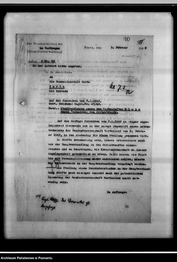 Obraz 14 z jednostki "Strafverfahren wegen Vermahlung von Brotgetreide - Gauheilanstalt Warta bei Sieradz."