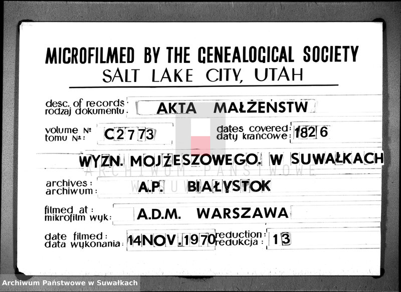 Obraz 5 z jednostki "Duplikat Akt Urzędnika Stanu Cwilnego Wyznania Moyżeszowego Okręgu Suwalskiego z roku 1826 Zaślubionych"