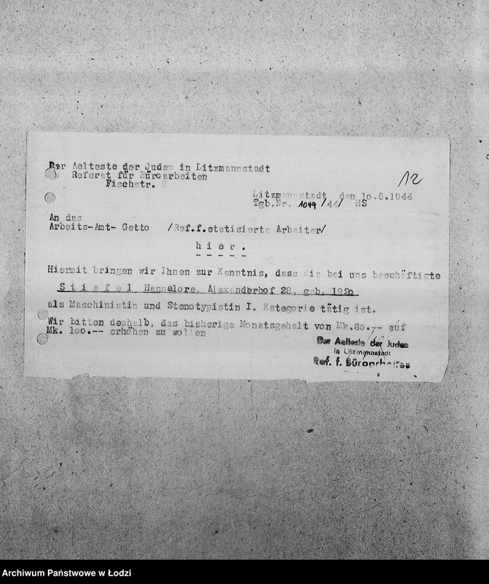 Obraz 15 z jednostki "[Korespondencja z Wydziałem Pracy i z PSŻ w sprawach personalnych i aprowizacyjnych Referatu Prac Biurowych]"