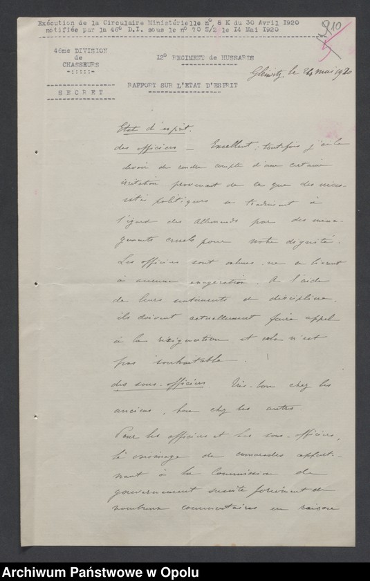 Obraz 11 z jednostki "/Raporty miesięczne oddziałów wojsk francuskich o morale żołnierzy/ V 1920"