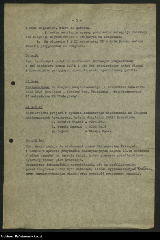 Obraz 6 z jednostki "Propozycje PPR i PPS w sprawie kierownictwa łódzkiej organizacji PZPR; [wykazy i charakterystyki kandydatów]"