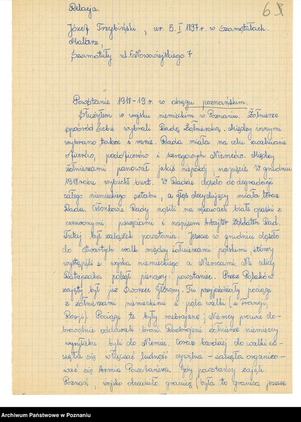 Obraz 19 z jednostki "Relacje i wspomnienia dotyczące powstania wielkopolskiego: 1. Poznań, część V /autorzy relacji od T - W/./Zakrzewski Władysław/."