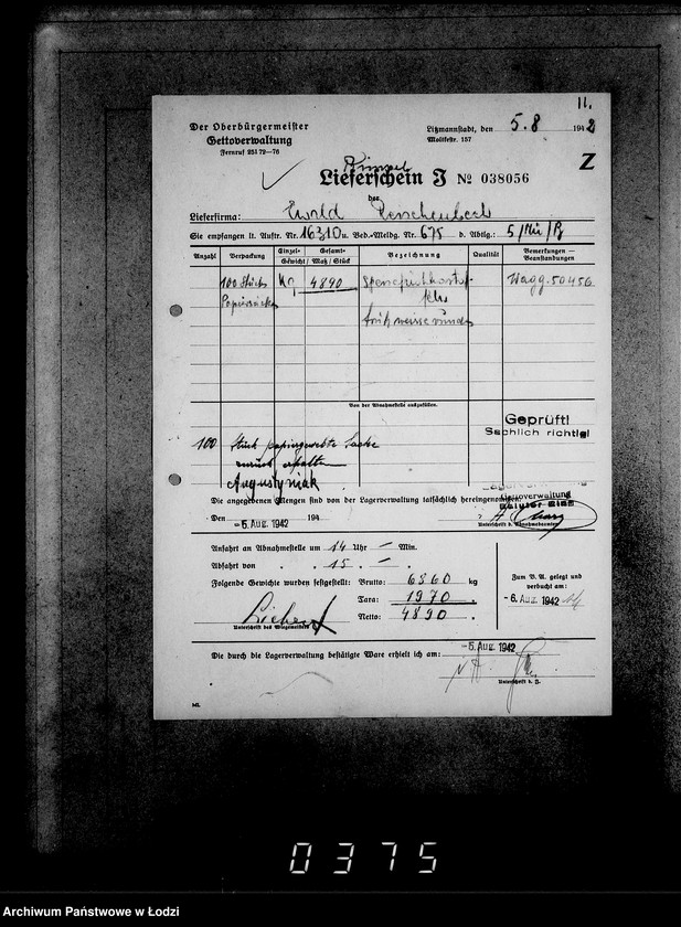 Obraz 15 z jednostki "Aufträge, [Lieferscheinen und Rechnungen] 16251-16310 [Dostawa żywności do Getta]"