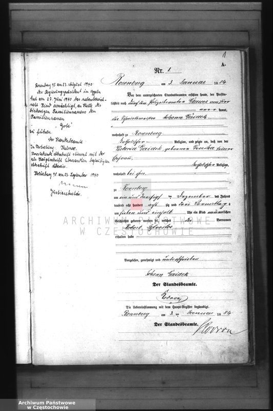 Obraz z jednostki "Geburts - Neben Register des Königlich Preussischen Standesamts der Stadt Rosenberg im Kreise Rosenberg pro 1884."