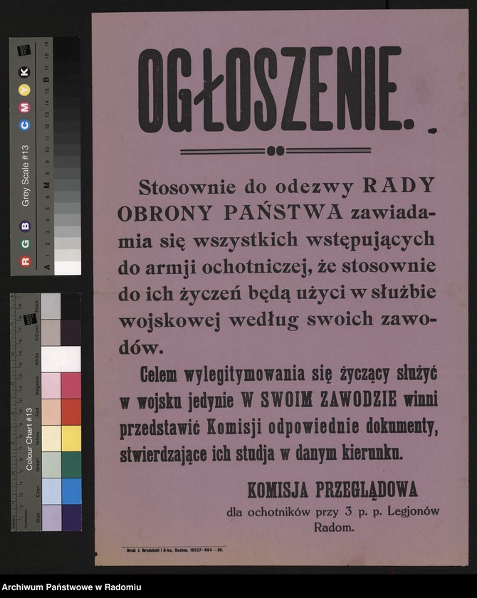 Obraz 4 z jednostki "Ogłoszenie Komisji Przeglądowej dla Ochotników przy 3 pp. Legionów w Radomiu w sprawie przyjęć do armii ochotniczej"