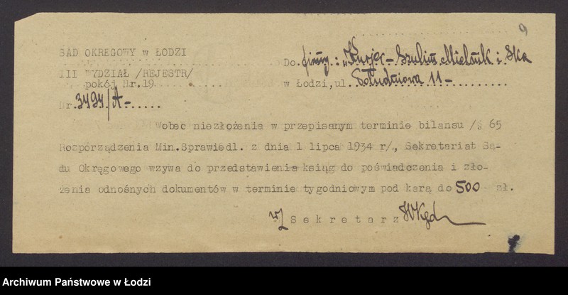 Obraz 11 z jednostki "Sulim Mielnik, Salomon Rosenberg- Kurier-Sulim Mielnik i S-ka- przedsiębiorstwo pocztowej ekspedycji i przesyłek"