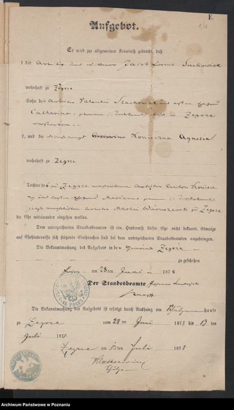Obraz 16 z jednostki "Acta betreffend die Schrieftstücke nur §§ 28 bis 38,43,45 bis 50,55,65 und 66 der Reichsgesetz vom 6 Januar 1875 zum Heiraths -Register"