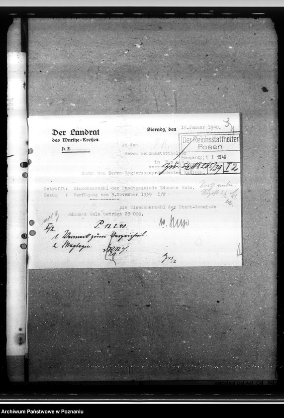 Obraz 8 z jednostki "Berichte das Landrats des Kreises Sieradz über die Einwohnerzahl von zduńska Wola und die Beutegüter auf dem Eisenbahngelünde in Karsznice und Zduńska Wola"