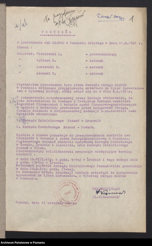 Obraz 9 z jednostki "Protokoły z posiedzeń Okręgowej Komisji Rewizyjnej Związku Bojowników o Wolność i Demokrację z przeprowadzonych kontroli w: 1. Śremie, 2. Środzie, 3. Poznaniu - Wildzie."